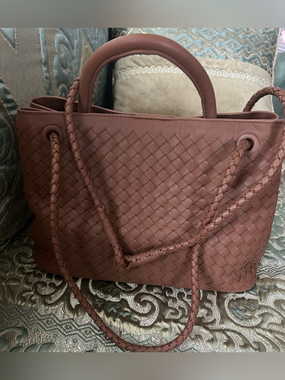 Quince Woven Leather Tote - Cognac Brown - Picture 8 of 13